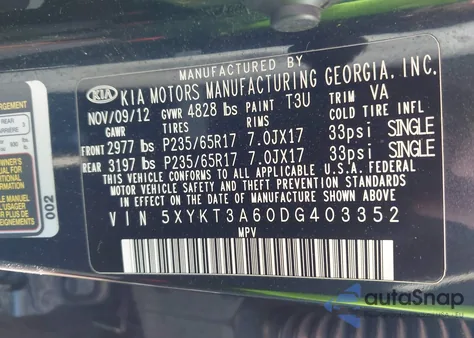 2013 Kia Sorento Lx from USA, damaged, VIN 5XYKT3A60DG403352